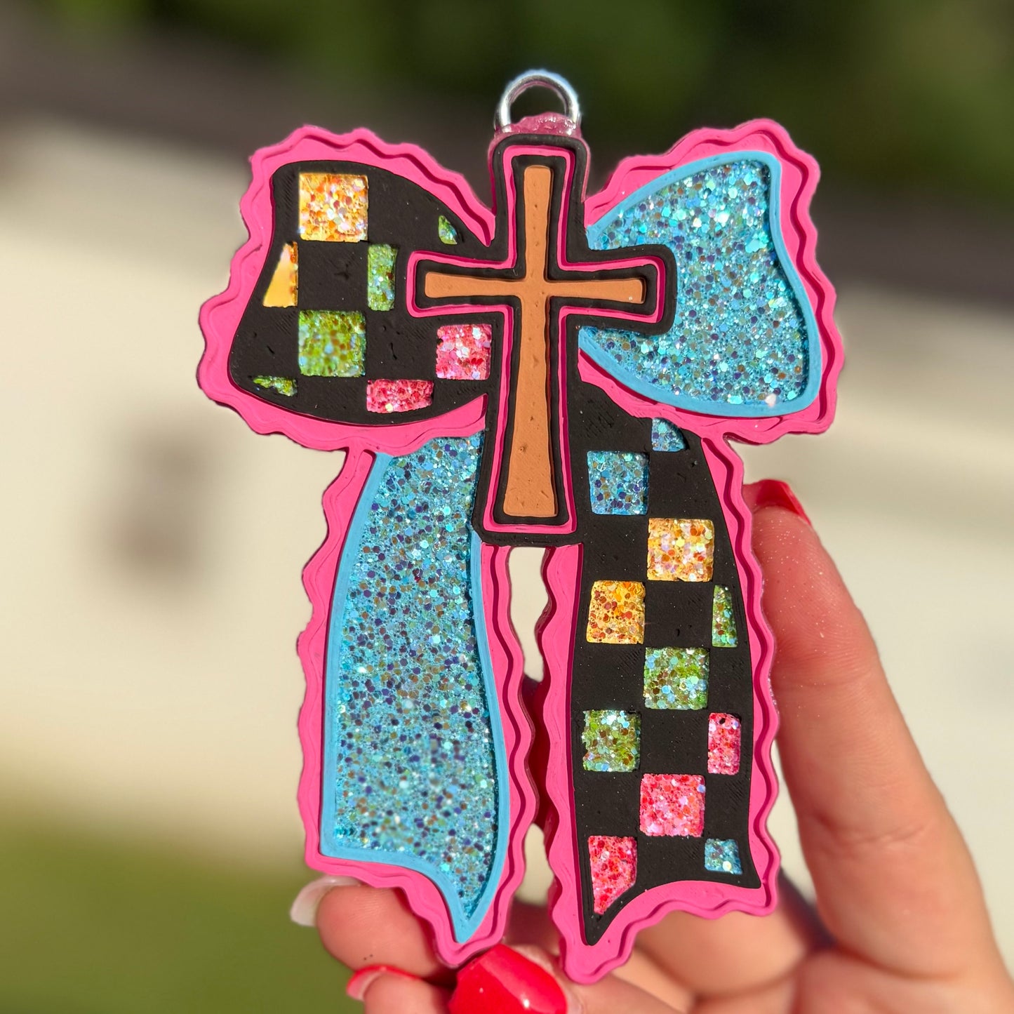Checkered Bow with Cross Center Freshie - April Fresh - RTS