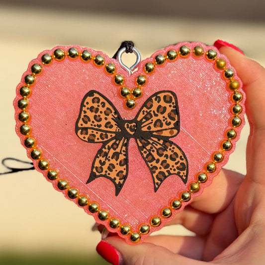Heart with Cheetah Bow and Pearls Freshie - Mahogany Teakwood - RTS