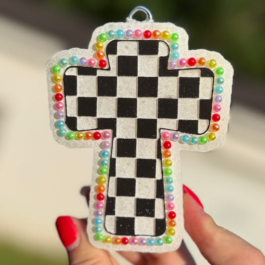Checkered Cross with Rainbow Pearls Freshie - Bombshell - RTS