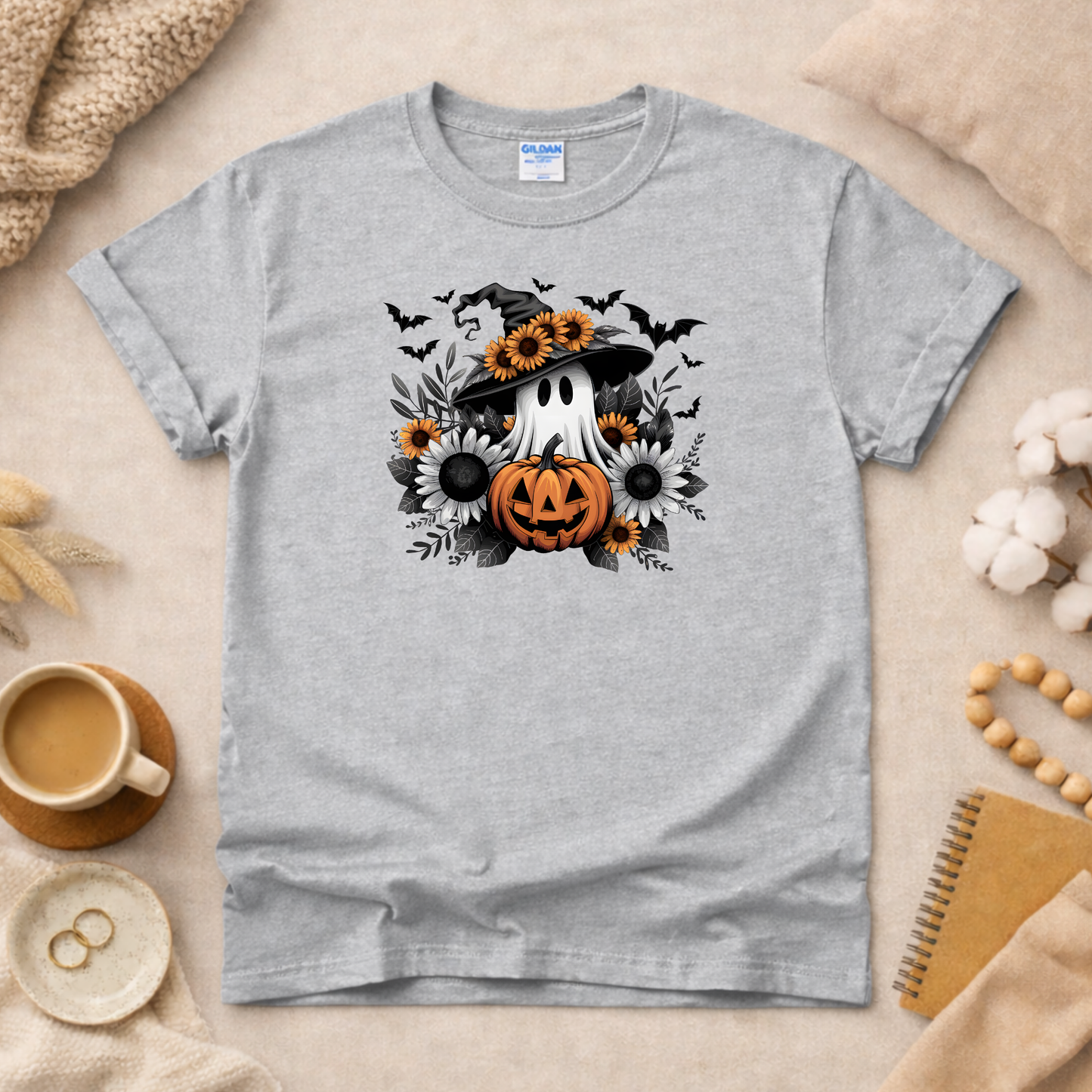 Ghost with Flowers and Witch Hat