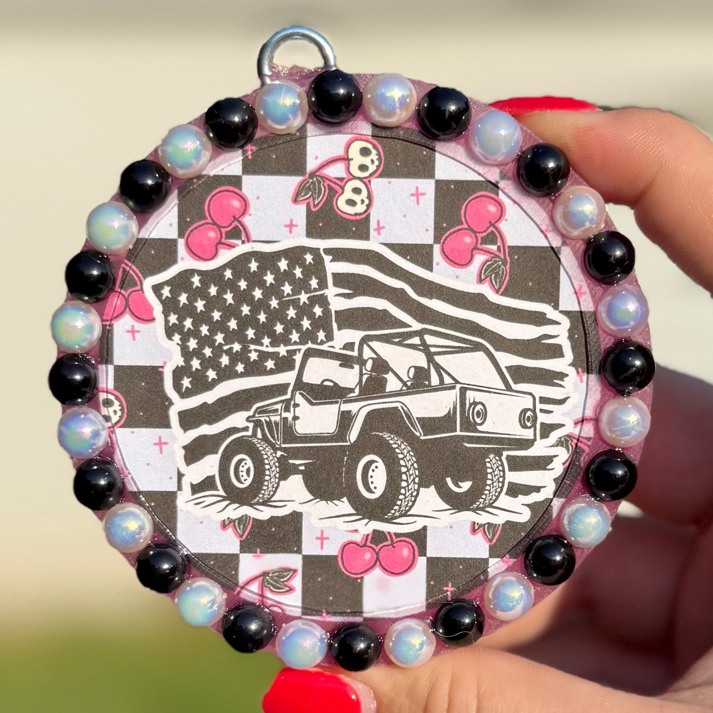 Checkered Cherry Truck Freshie with Pearls - Coffee & Whiskey - RTS