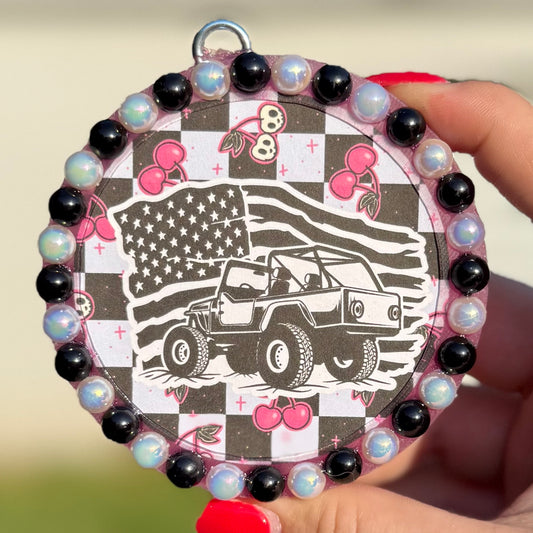 Checkered Cherry Truck Freshie with Pearls - Coffee & Whiskey - RTS